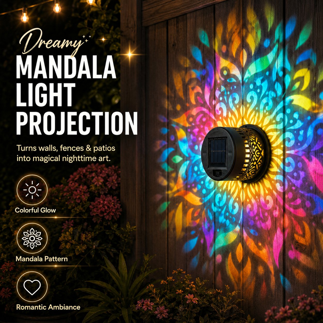✨Solar Mandala Wall Light Outdoor Garden Fence Projector Lamp Patio Ambient Decor