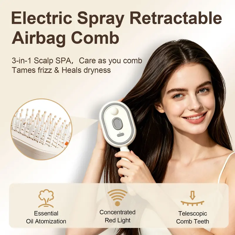💆‍♀️ 3-in-1 Spray Comb – Mist + Massage + Red Light, Anti-Frizz, Detangling