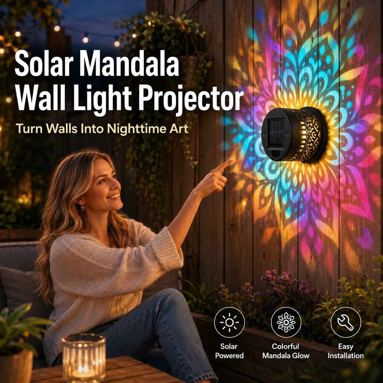 ✨Solar Mandala Wall Light Outdoor Garden Fence Projector Lamp Patio Ambient Decor