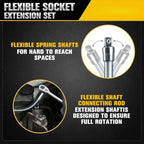 Flexible Socket Extension Bar Set – Bendable Ratchet Wrench Extensions for Tight Spaces, Carbon steel Automotive Repair Tool Kit