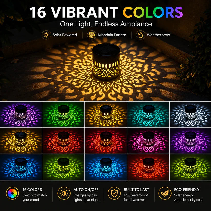 Solar Mandala Wall Light Outdoor Garden Fence Projector Lamp Patio Ambient Decor