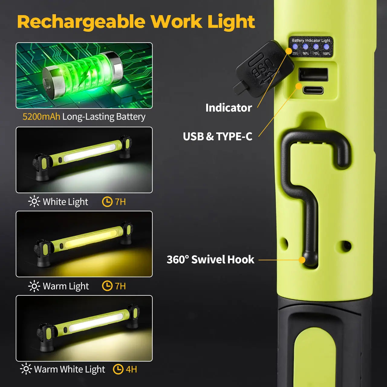 🔥Under Hood Work Light Bar, 3000LM LED Magnetic Light Bar with Hooks, 5200mAh Cordless Rechargeable Hood Light Fathers Day Dad Gifts for Men/Mechanic/Car Repairing/Garage