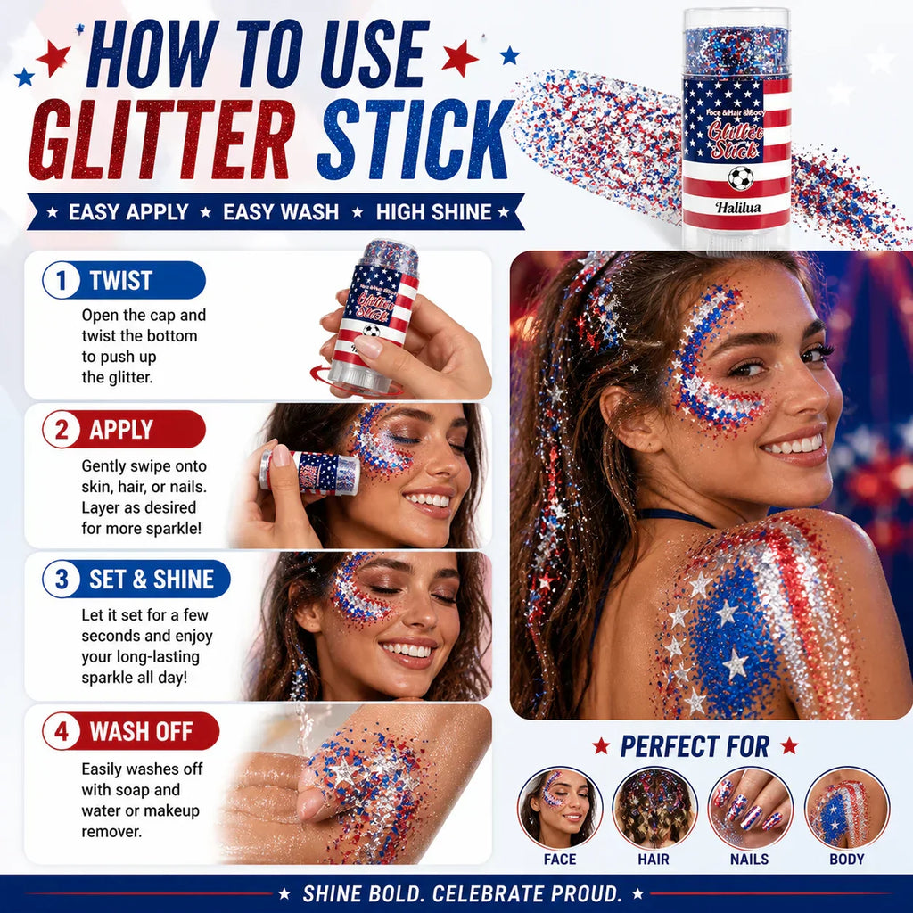 3-in-1 Patriotic Glow😍✨Red, White & Blue Glitter Body Stick