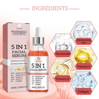 5-in-1 facial serum with packaging and ingredient illustrations on a pink background