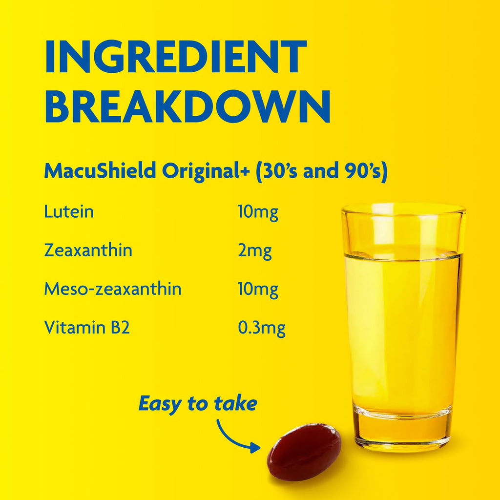 MacuShield Original Plus Capsules - 90-Day Pack, Eye Health Supplement* with Lutein Zeaxanthin and Meso-Zeaxanthin + Vitamin B2 (Riboflavin) which Helps Maintain Normal Vision