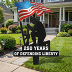 🏡 Honoring 250 Years of Liberty – Patriotic Garden Stake, Kneeling Soldier with American Flag 🎆✨
