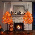 6FT LED Artificial Maple Tree, 160 Warm White Lights Fall Decor Tree with Orange Leaves, Knock-Down Lighted Maple Tree for Thanksgiving Halloween Indoor Outdoor Autumn Home Decor