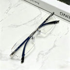 Diamond Edge Frameless Glasses – Blue Light Blocking Clear Readers for Men & Women. Lightweight Metal Temple Decor, Ideal for Gaming, Office, or Street Style.