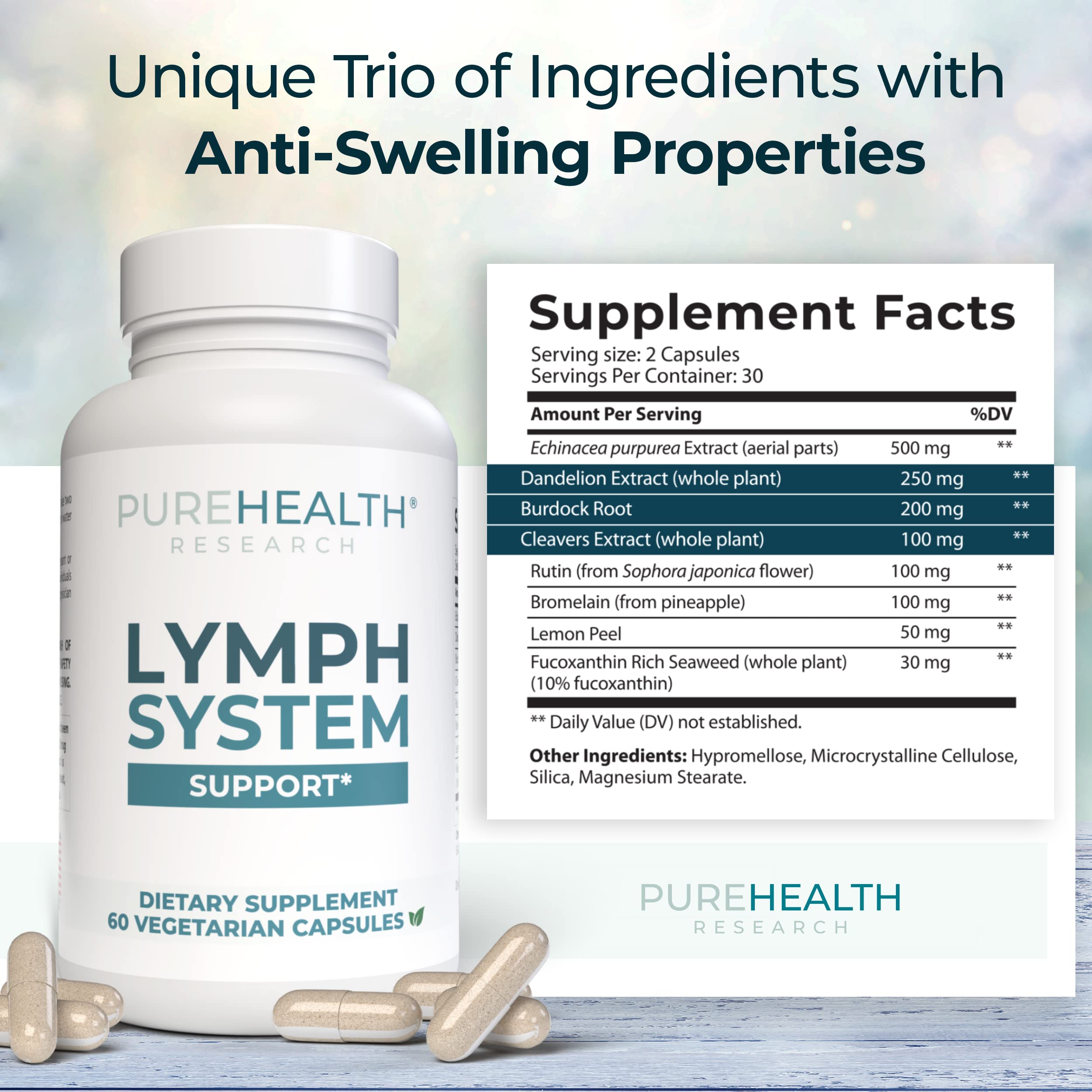 PUREHEALTH RESEARCH Lymph System Support - Lymphatic Drainage Supplement for Women & Men - Bromelain, Echinacea, Dandelion, Burdock Root, Lemon Powder, Kelp, Cleavers & More - 60 Capsules