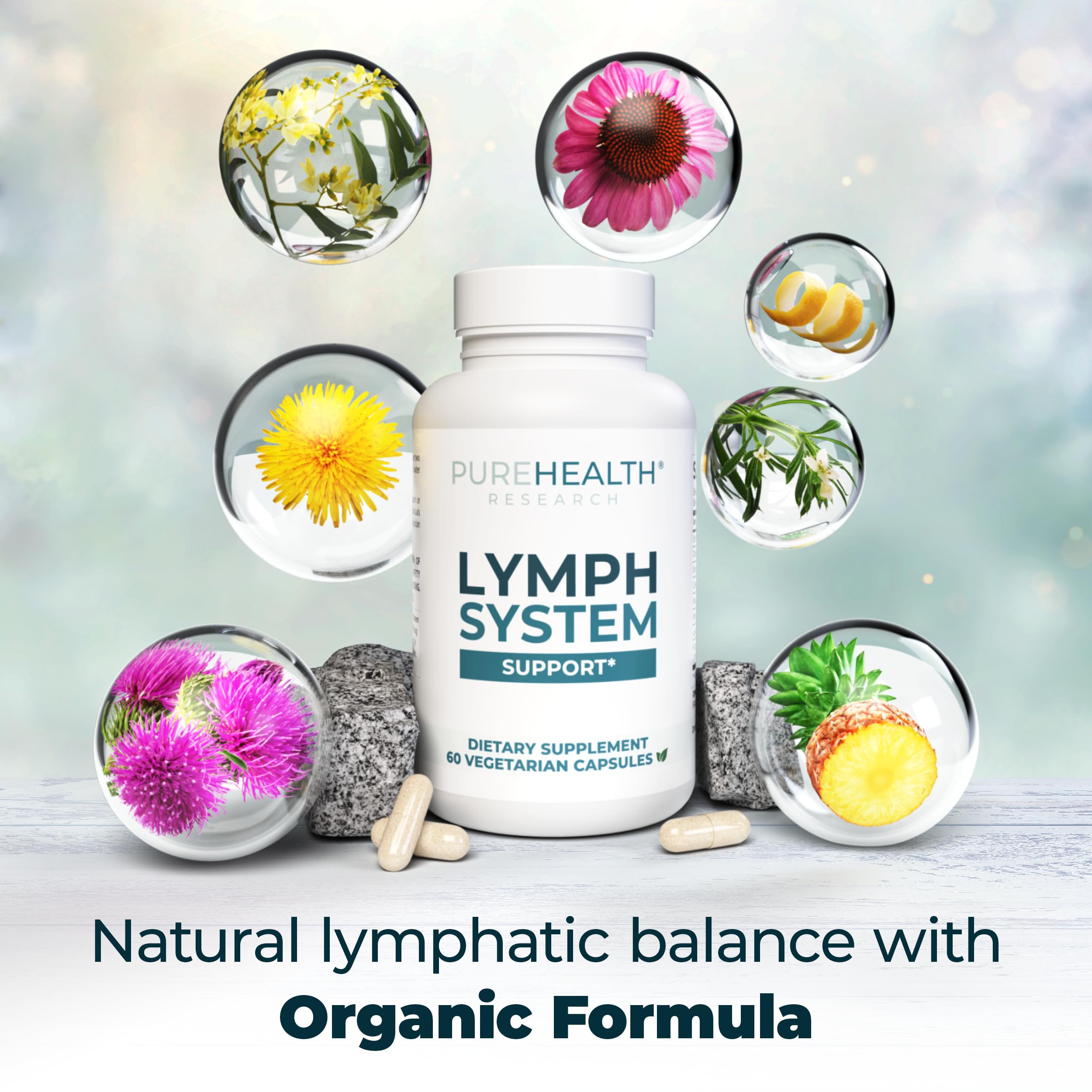 PUREHEALTH RESEARCH Lymph System Support - Lymphatic Drainage Supplement for Women & Men - Bromelain, Echinacea, Dandelion, Burdock Root, Lemon Powder, Kelp, Cleavers & More - 60 Capsules