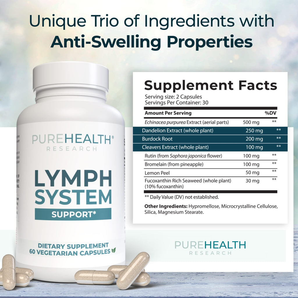 PUREHEALTH RESEARCH Lymph System Support - Lymphatic Drainage Supplement for Women & Men - Bromelain, Echinacea, Dandelion, Burdock Root, Lemon Powder, Kelp, Cleavers & More - 60 Capsules