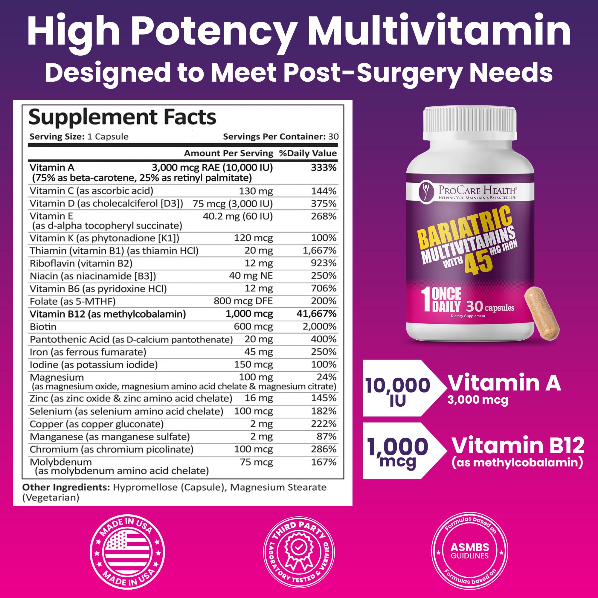 ProCare Health Bariatric Multivitamin 45mg Iron – Once Daily Capsule for Gastric Bypass, Sleeve & Post-Op Support – 90 Easy-to-Swallow Capsules, 3-Month Supply, No Artificial Colors, Gluten-Free