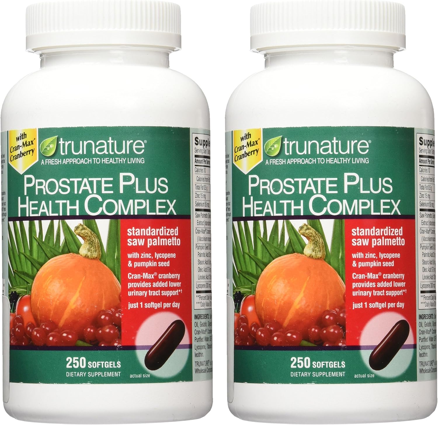 TruNature Prostate Plus Health Complex - Saw Palmetto with Zinc, Lycopene, Pumpkin Seed, Cranberry - 250 Softgels (1 Bottle)
