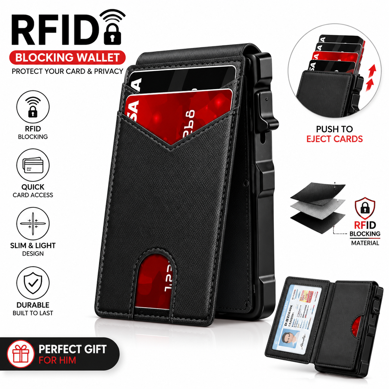 🎁RFID Blocking Minimalist Pop-Up Wallet | One-Second Card Eject Design & Ultra Slim Pocket Wallet