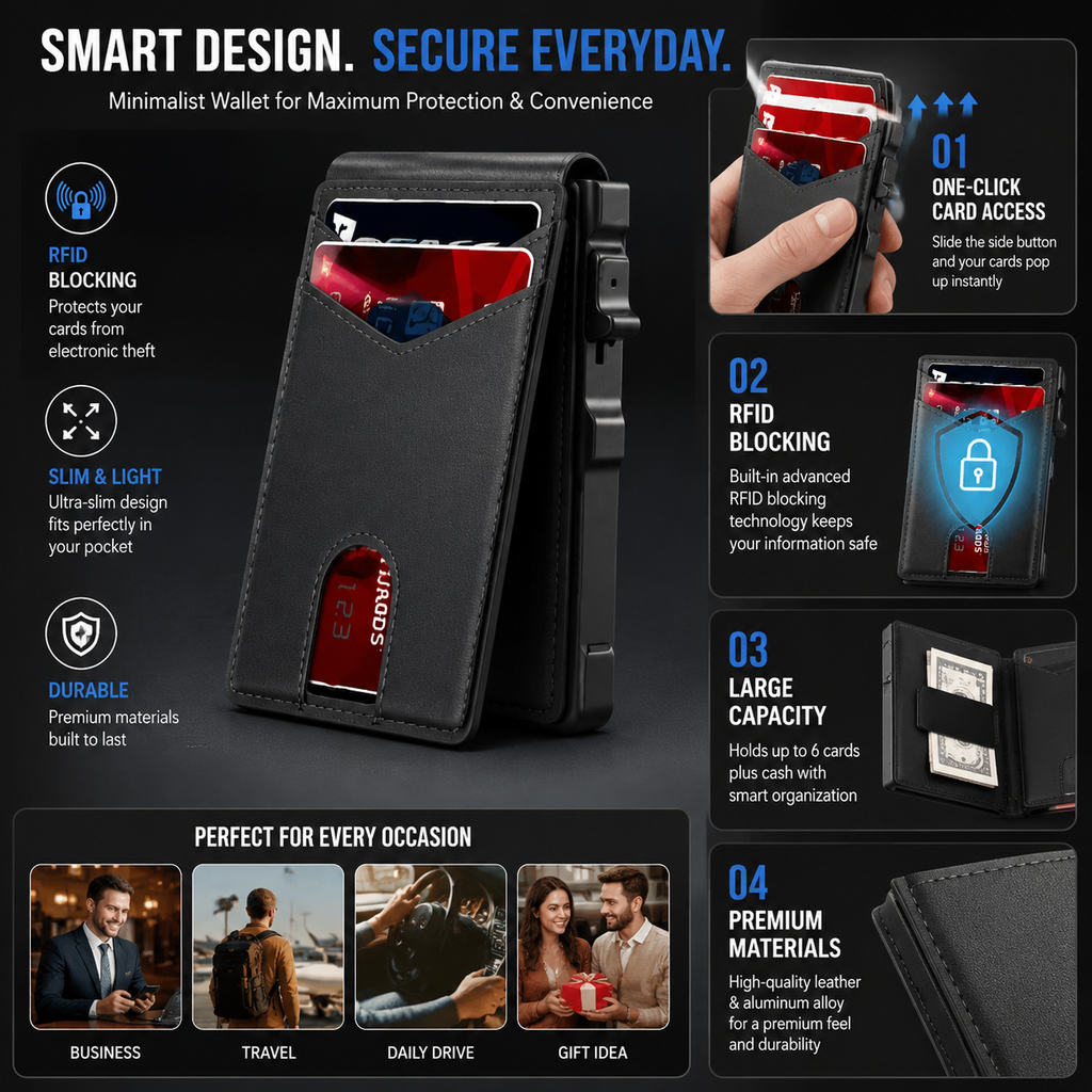 🎁Wallet for Men- Pop Up Case, Cash Slot, and Credit Card Slot - Aluminum Wallet with RFID Blocking, Minimalist Leather Wallet Front Pocket with ID Window
