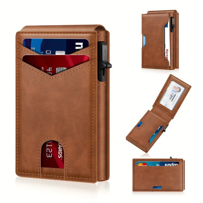 AirTag Wallet for Men - with Pop Up Aluminum Case Money Clip Slim Leather Slots Credit Card Holder RFID Blocking Bifold Minimalist Wallet