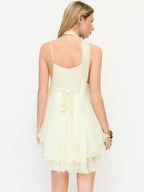 Cider V-Neck Halter Ruffled Tulle Glitter Mini Dress for Women