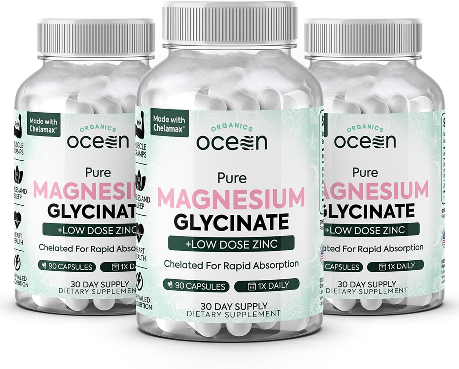Organics Ocean Pure Magnesium Glycinate with Zinc - Maximum Strength Chelated Magnesium Supplement for Women and Men for Muscle Cramps and Sleep Support - 90 Capsule