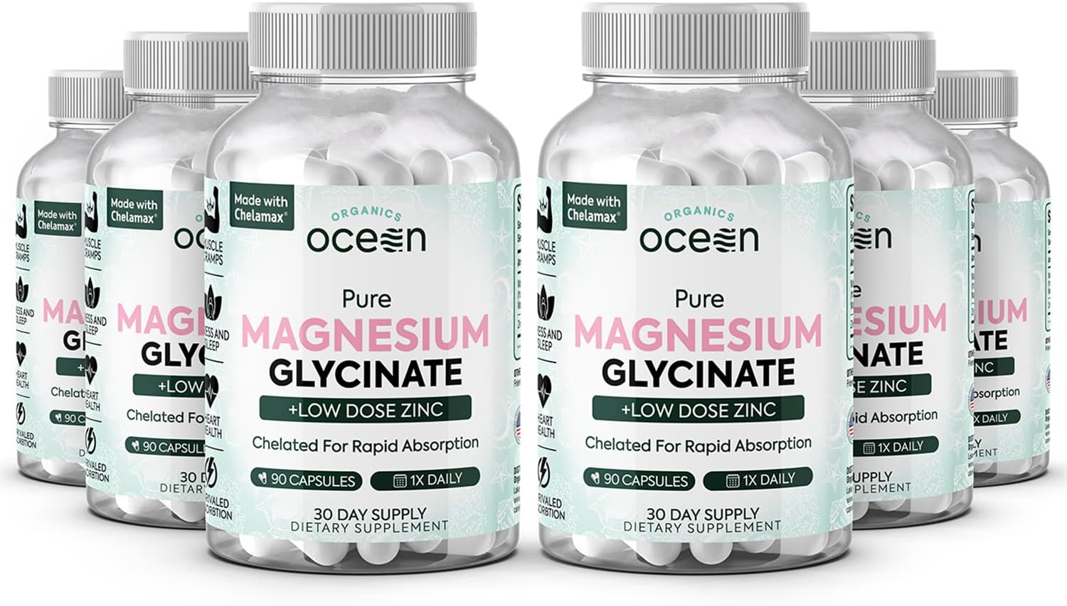 Organics Ocean Pure Magnesium Glycinate with Zinc - Maximum Strength Chelated Magnesium Supplement for Women and Men for Muscle Cramps and Sleep Support - 90 Capsule