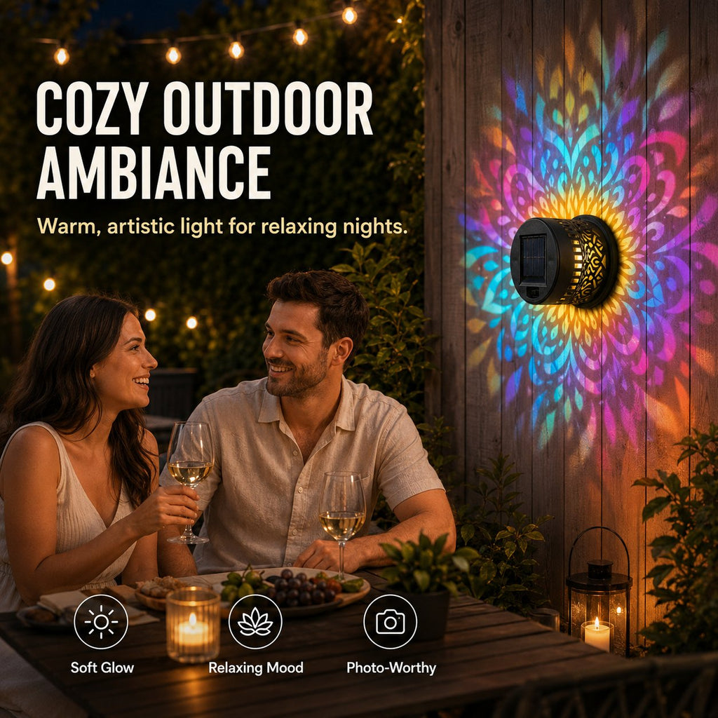 🌸Solar Mandala Wall Light Outdoor Garden Fence Projector Lamp Patio Ambient Decor