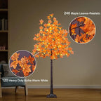 6FT LED Artificial Maple Tree, 160 Warm White Lights Fall Decor Tree with Orange Leaves, Knock-Down Lighted Maple Tree for Thanksgiving Halloween Indoor Outdoor Autumn Home Decor