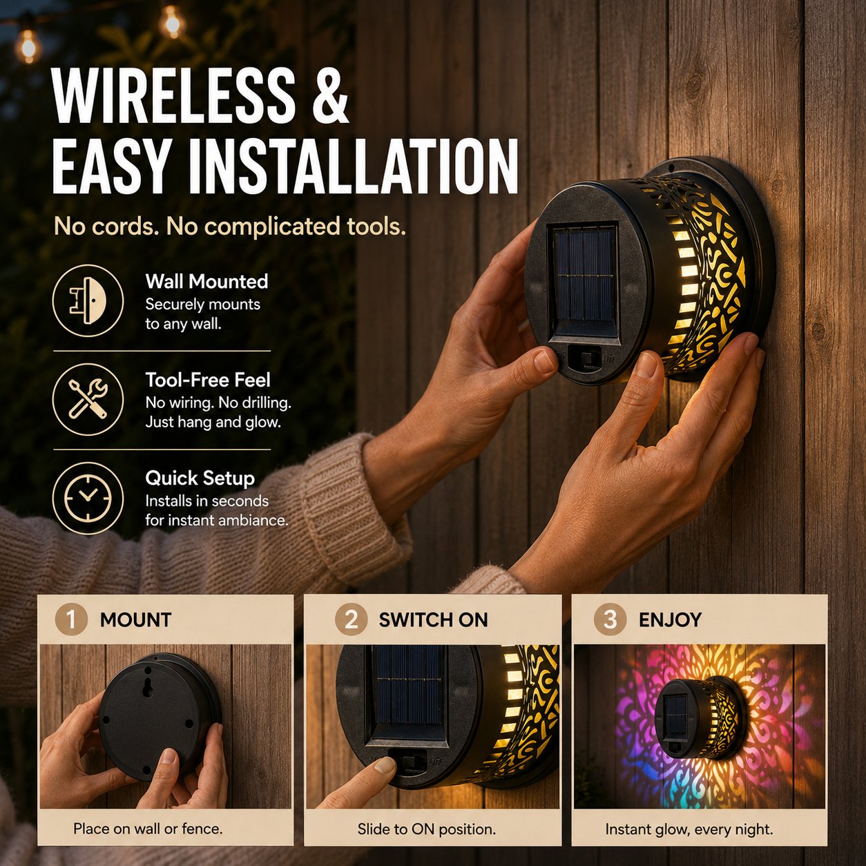 ✨Solar Mandala Wall Light Outdoor Garden Fence Projector Lamp Patio Ambient Decor