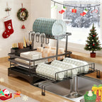 Foldable Over Sink Dish Drying Rack｜Pull-Out 2-Tier Dish Drainer with Utensil Holder｜Space Saving Kitchen Organizer for Small Kitchens