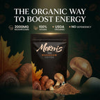 Mornis organic mushroom coffee cup with steaming brew, highlighting natural ingredients and focus-boosting energy benefits.