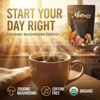 Mornis organic mushroom coffee in a mug, showcasing a warm beverage with a rich, earthy appearance for focus and energy.