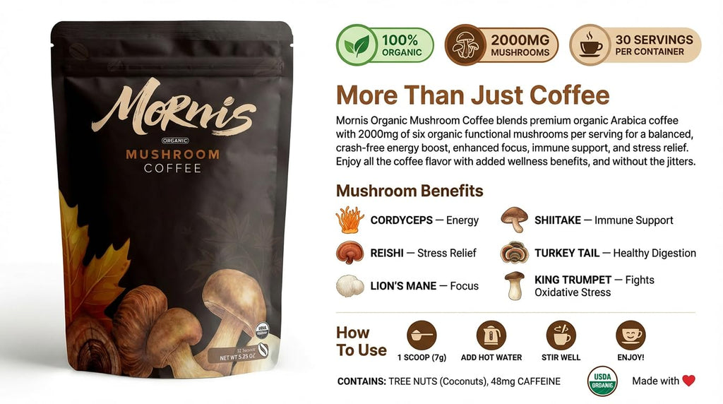 Mornis Mushroom Coffee for focus and energy, showing a steaming mug of organic coffee alternative with mushrooms on a wooden table.