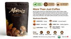 Mornis Mushroom Coffee for focus and energy, showing a steaming mug of organic coffee alternative with mushrooms on a wooden table.