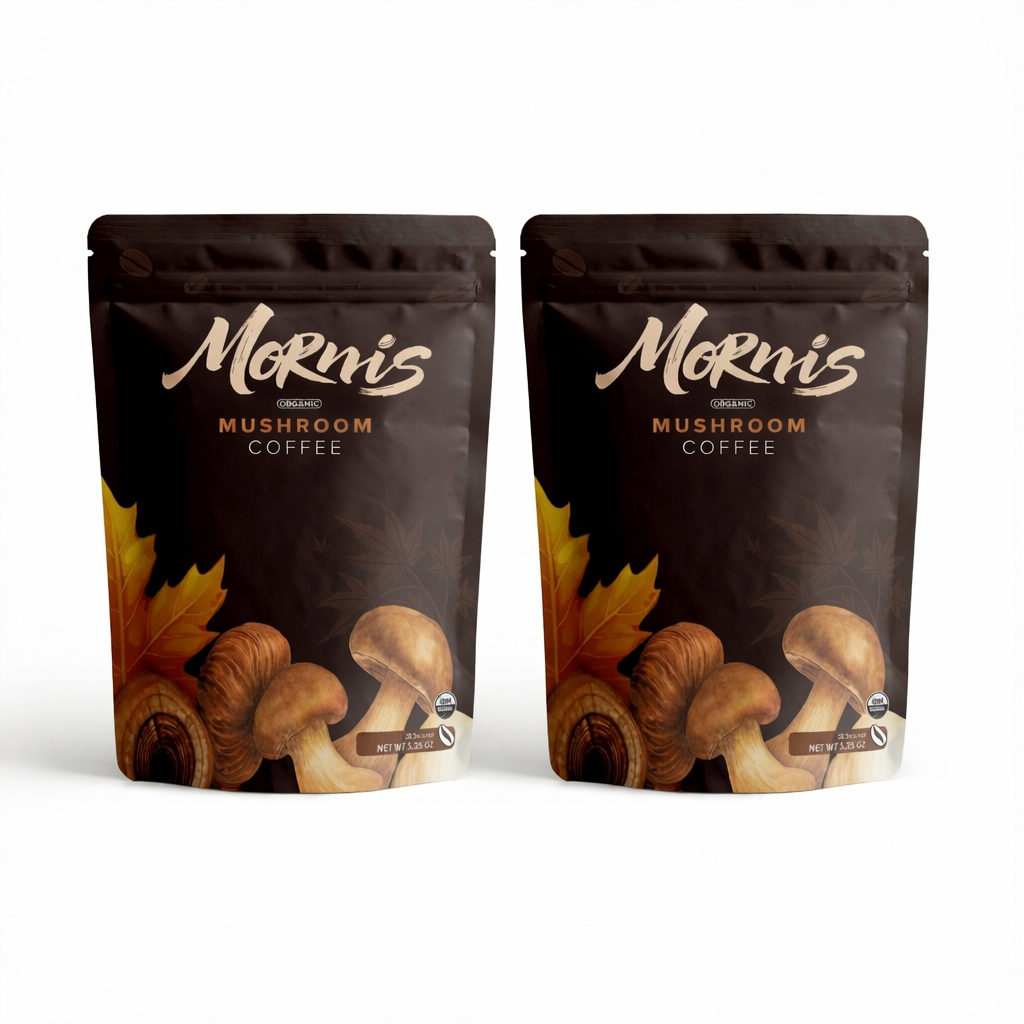 Mornis Mushroom Coffee packages featuring organic coffee blend with mushroom extracts for focus and energy on a white background.