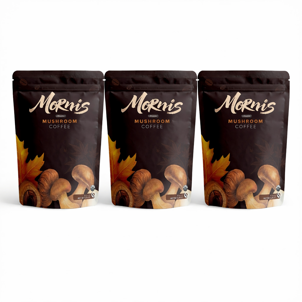 Organic Mushroom Coffee by Mornis featuring a blend of adaptogens for enhanced energy, focus, and mental clarity on a white background.