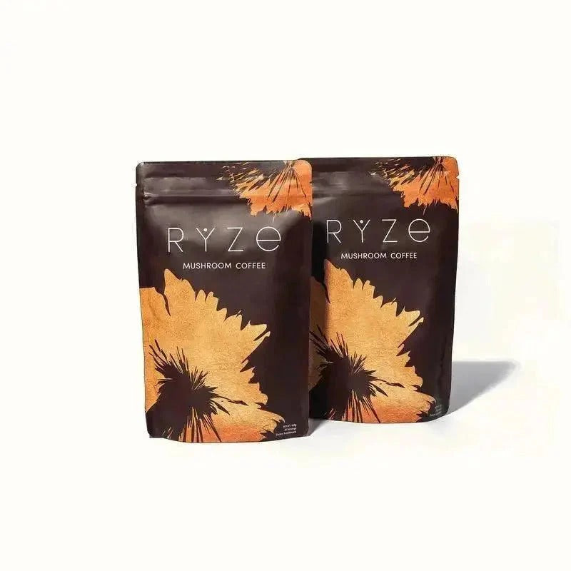 Mornis Ryze Mushroom Coffee pack with 30 servings, featuring a coffee bag with mushroom coffee blend and branding.