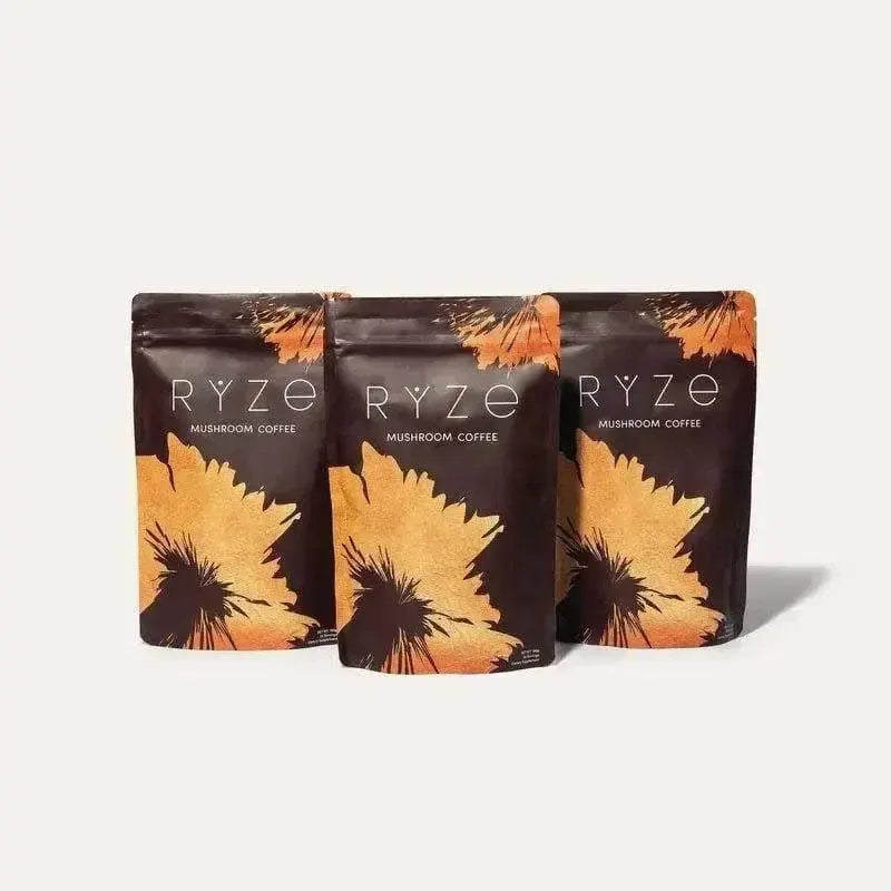 Mornis RYZE Superfoods Mushroom Medium Roast Coffee package with USDA Organic label, featuring Lions Mane and Turkey Tail mushrooms.
